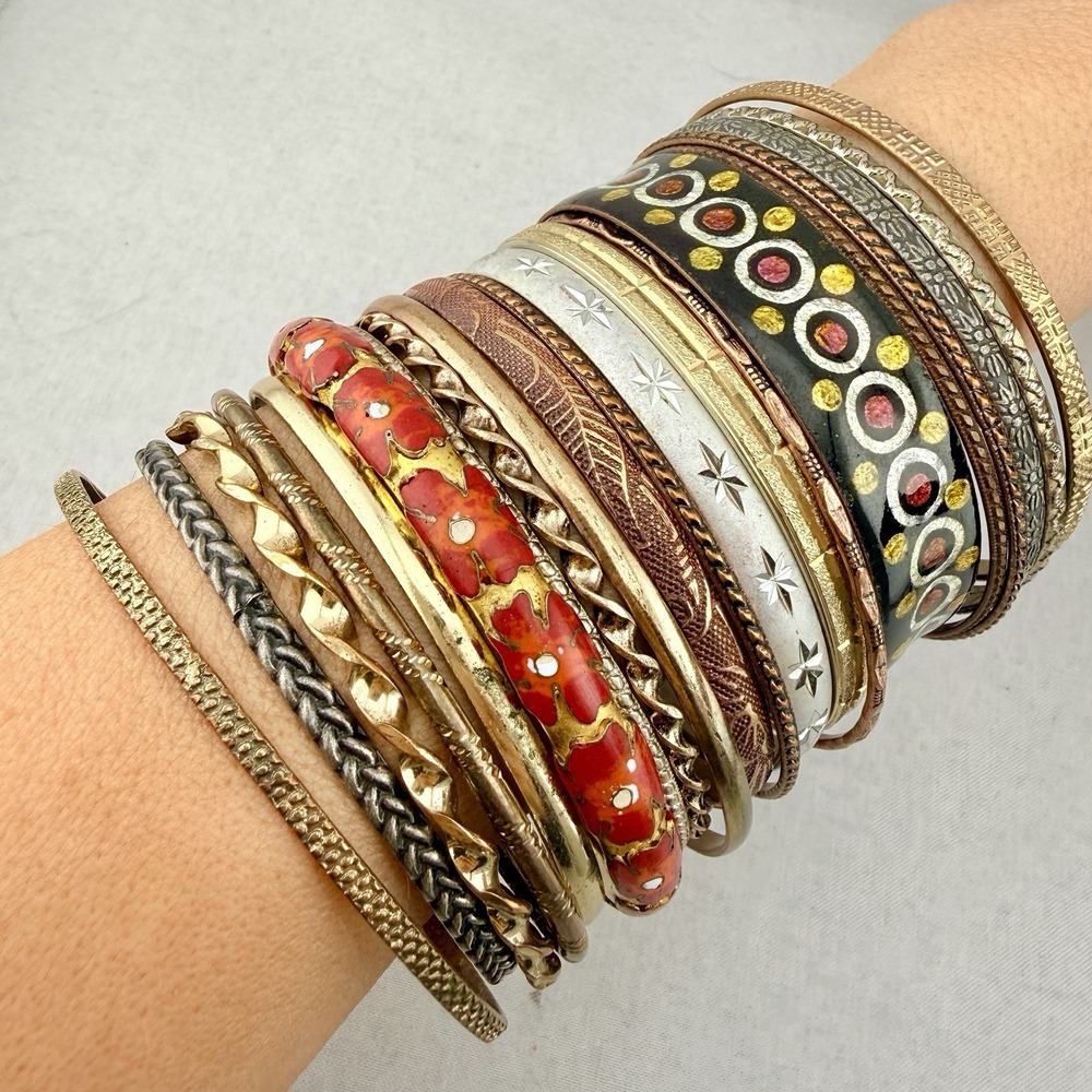20 Vintage Boho Bangle Bracelet Lot Ethnic Enamel Brass Gold Silver‎ Tone Stack